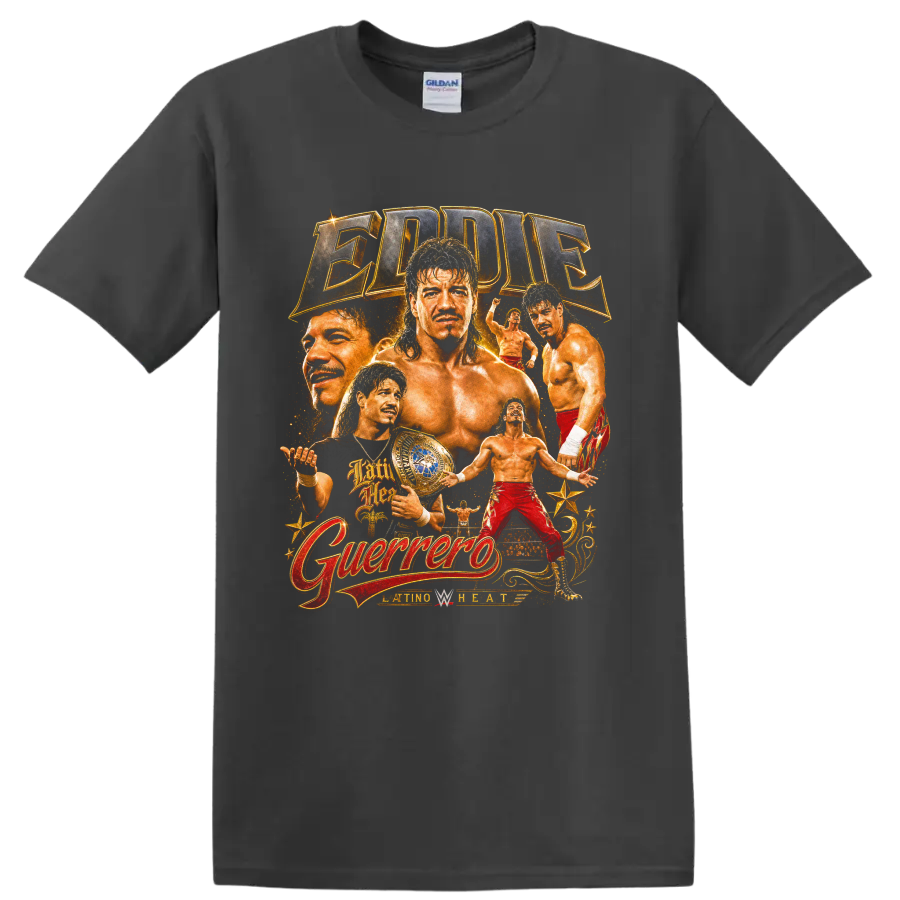 Eddie Guerrero wrestling portrait collage with championship belt and Latino Heat lettering on a Charcoal T Shirt
