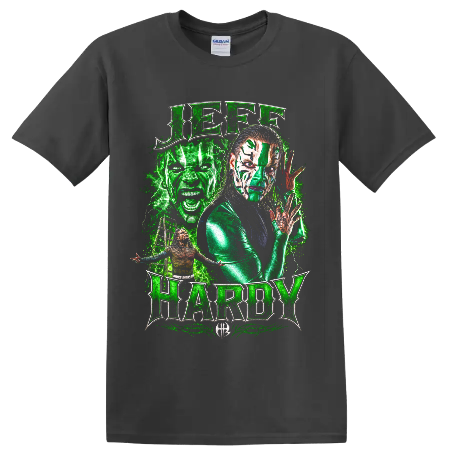 Jeff Hardy green face paint wrestling portrait with lightning and metallic lettering on a Charcoal T Shirt
