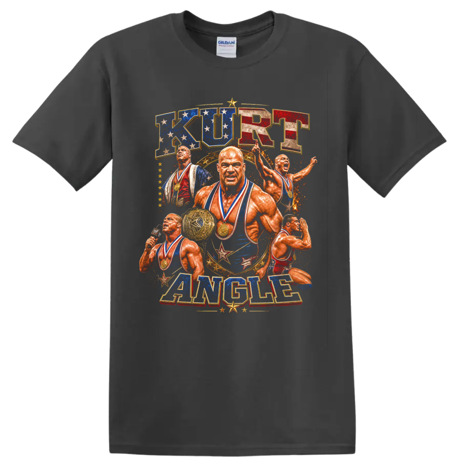 Kurt Angle patriotic wrestling collage with Olympic medals, stars, belt, and retro on a Charcoal T Shirt