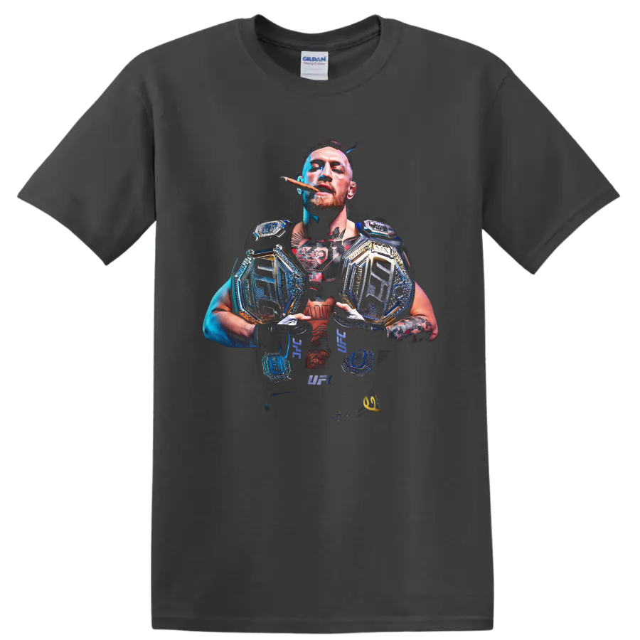 Conor McGregor with championship belts in a dramatic blue-and-gold MMA portrait on a Charcoal T Shirt