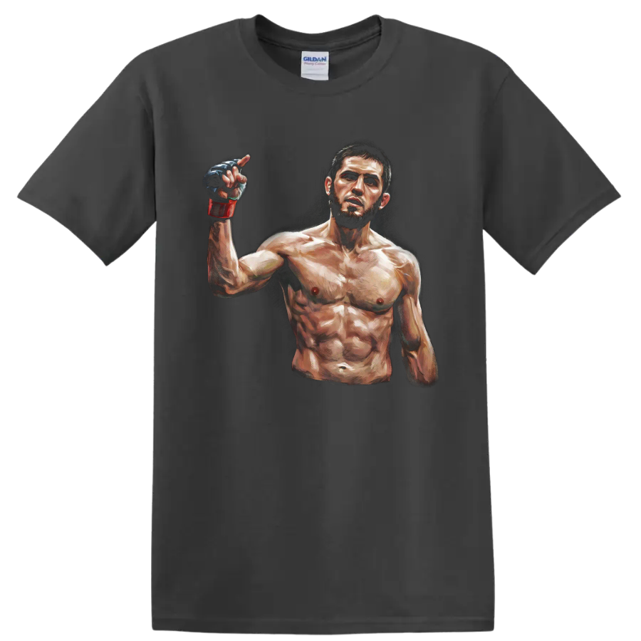 Khabib Nurmagomedov painted MMA fighter portrait with raised gloved hand on a Charcoal T Shirt
