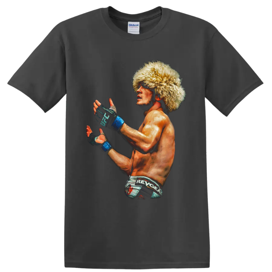 Painted Khabib Nurmagomedov MMA portrait in papakha hat and UFC gloves on a Charcoal T Shirt