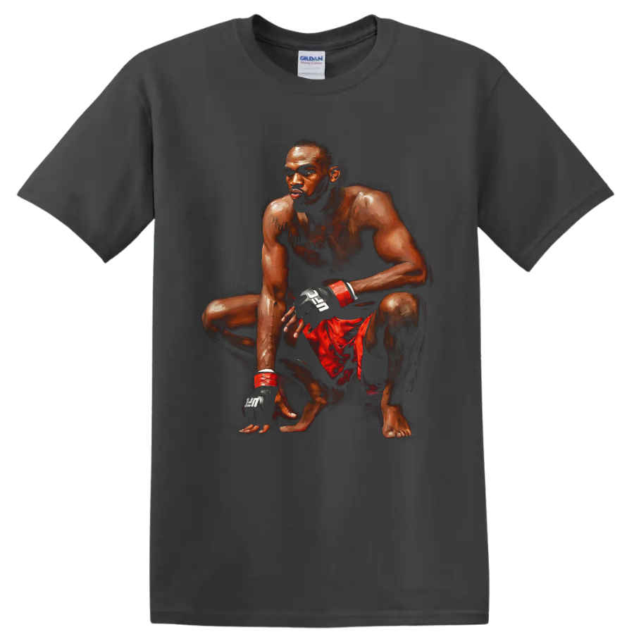 Painted Jon Jones crouching MMA fighter portrait in red shorts and black gloves on a Charcoal T Shirt