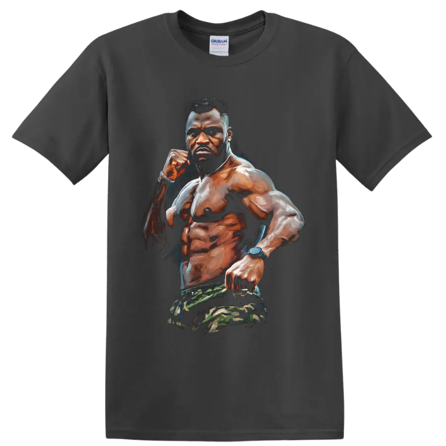 Francis Ngannou painted MMA fighter portrait with raised fist and camouflage shorts on a Charcoal T Shirt