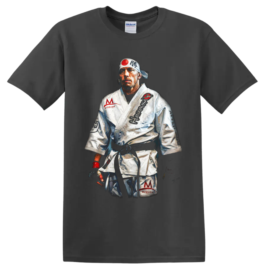 Painted Georges St-Pierre MMA fighter portrait in white gi and headband on a Charcoal T Shirt