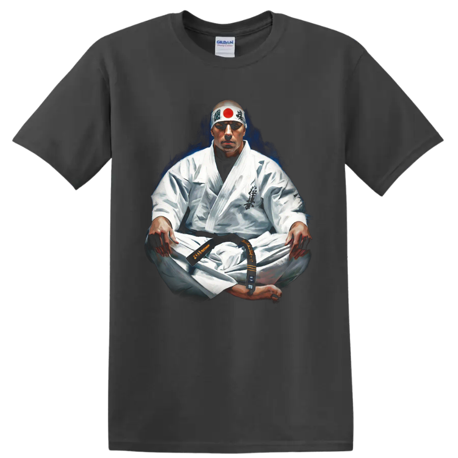 Masutatsu Oyama seated in meditation, painterly Kyokushin karate portrait on a Charcoal T Shirt