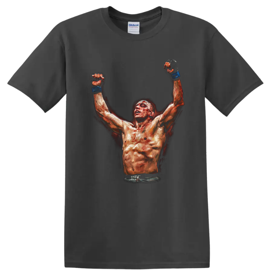 Georges St-Pierre inspired painterly MMA fighter raising blue-gloved fists on a Charcoal T Shirt