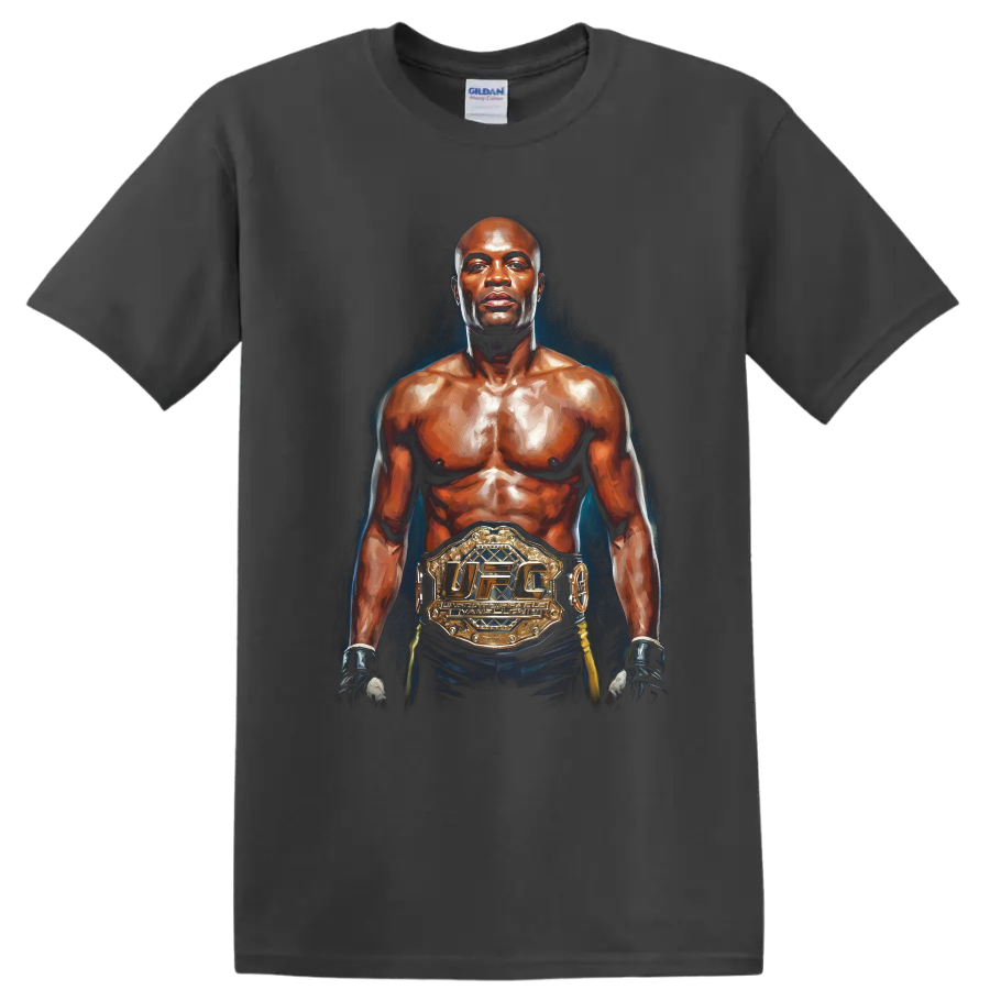 Anderson Silva painterly UFC champion portrait with gloves and gold title belt on a Charcoal T Shirt