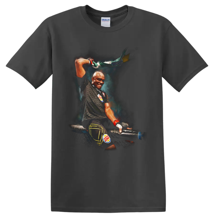 Anderson Silva in a dramatic painted cage-victory pose with raised Brazilian flag on a Charcoal T Shirt