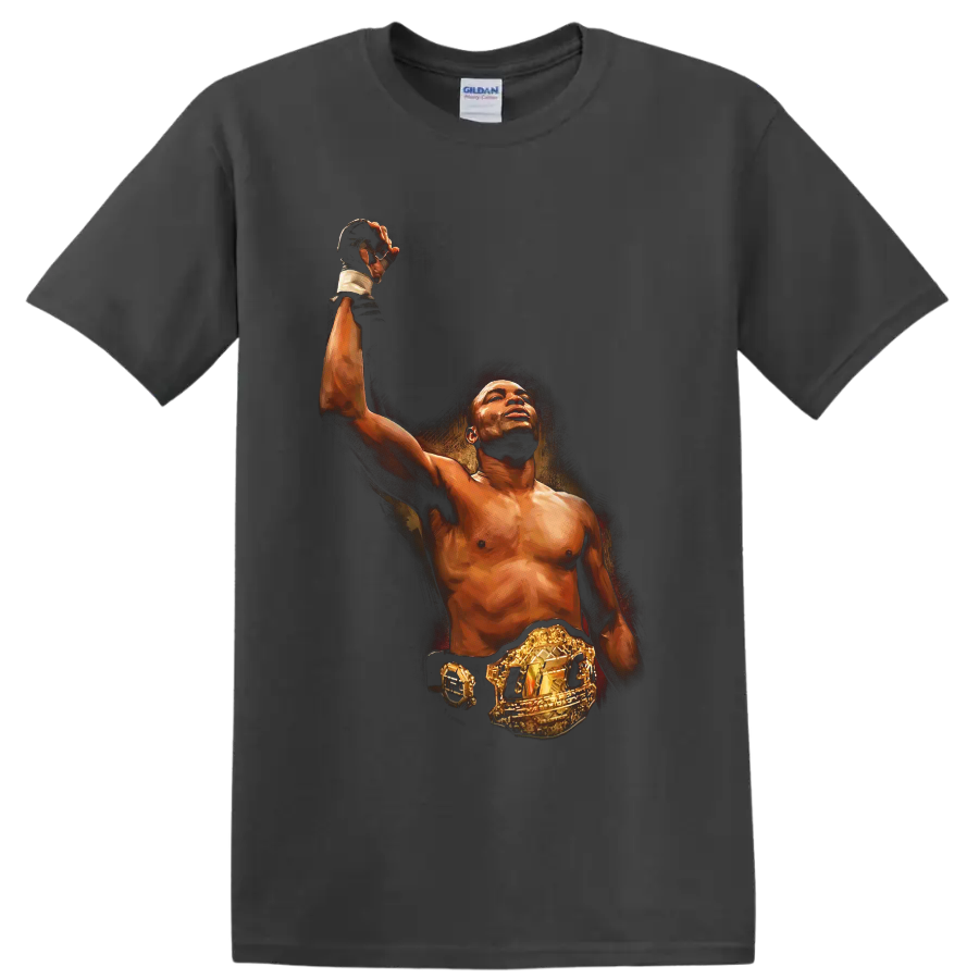 Kevin Randleman painterly MMA portrait raising a gloved hand with championship belt on a Charcoal T Shirt
