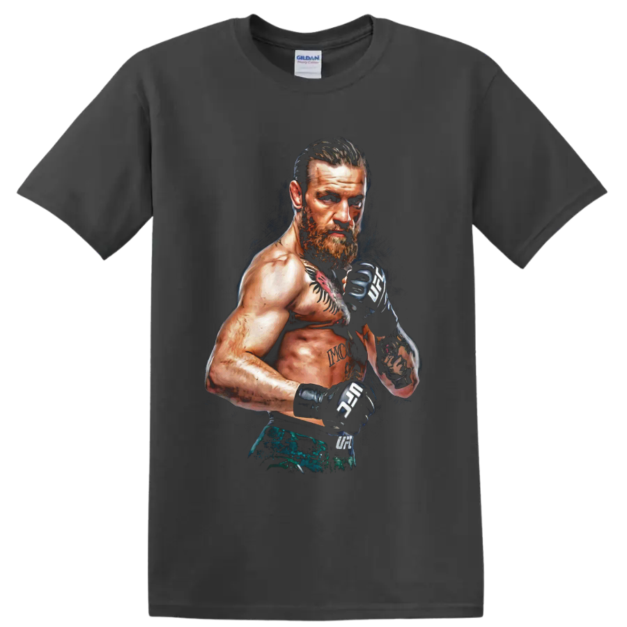 Conor McGregor tattooed MMA fighter portrait in a guarded stance with combat gloves on a Charcoal T Shirt