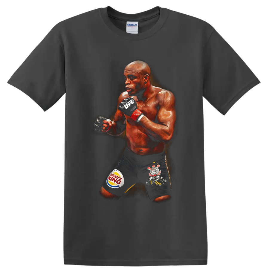 Anderson Silva MMA fighter in a dramatic painterly guarded fighting stance on a Charcoal T Shirt
