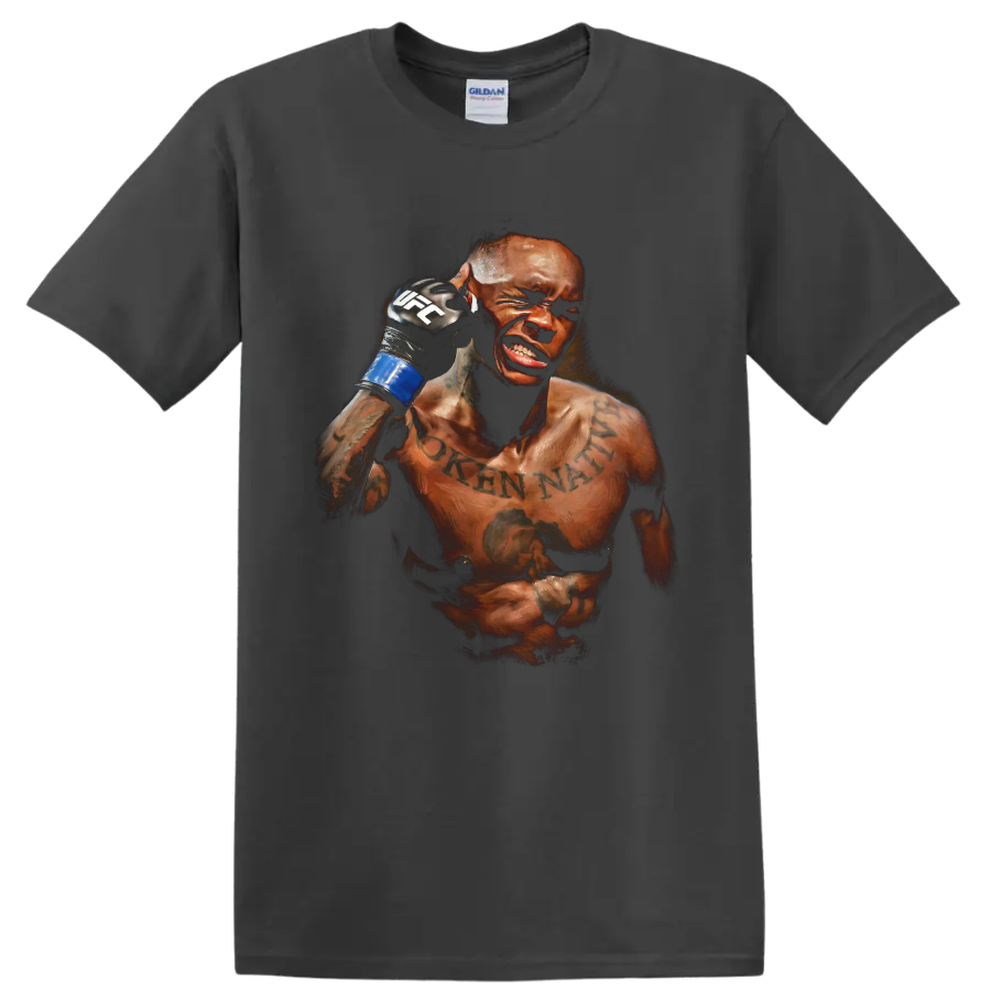 Israel Adesanya intense painted MMA fighter portrait with raised blue glove on a Charcoal T Shirt