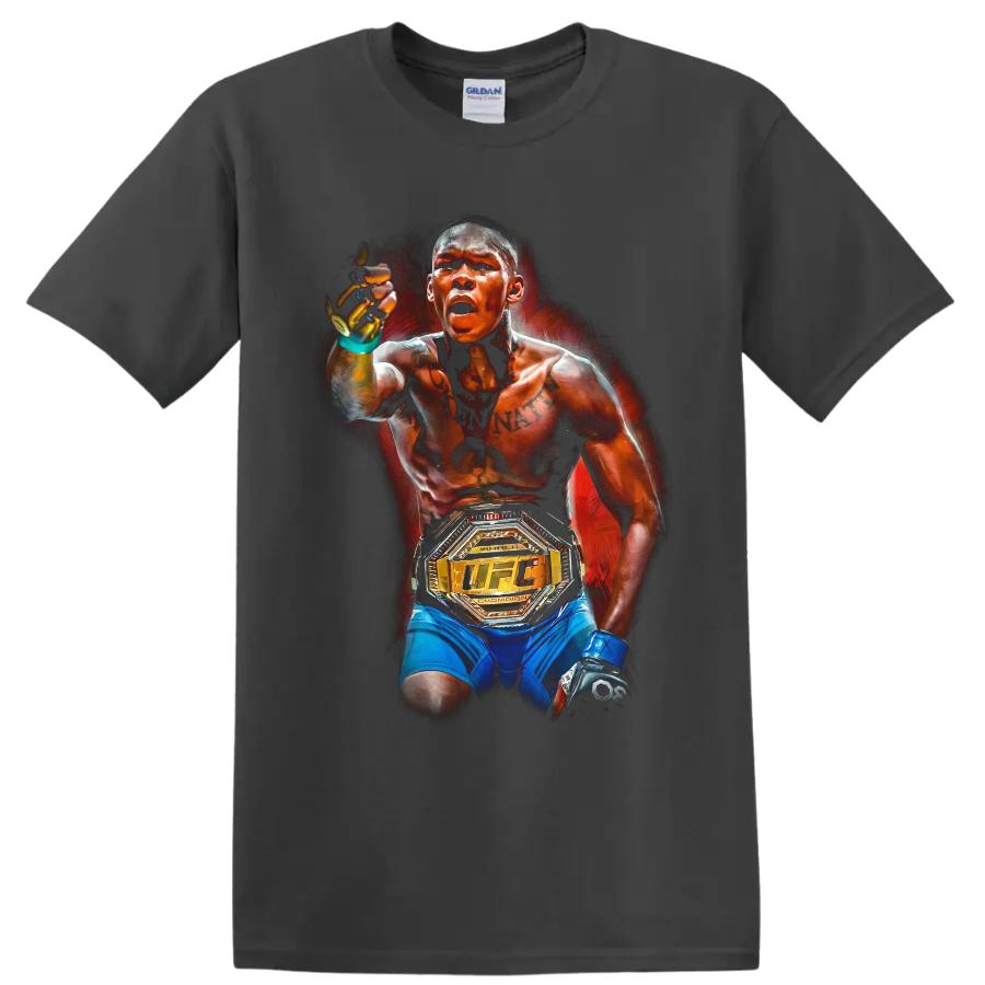 Israel Adesanya painted MMA portrait with UFC championship belt on a Charcoal T Shirt