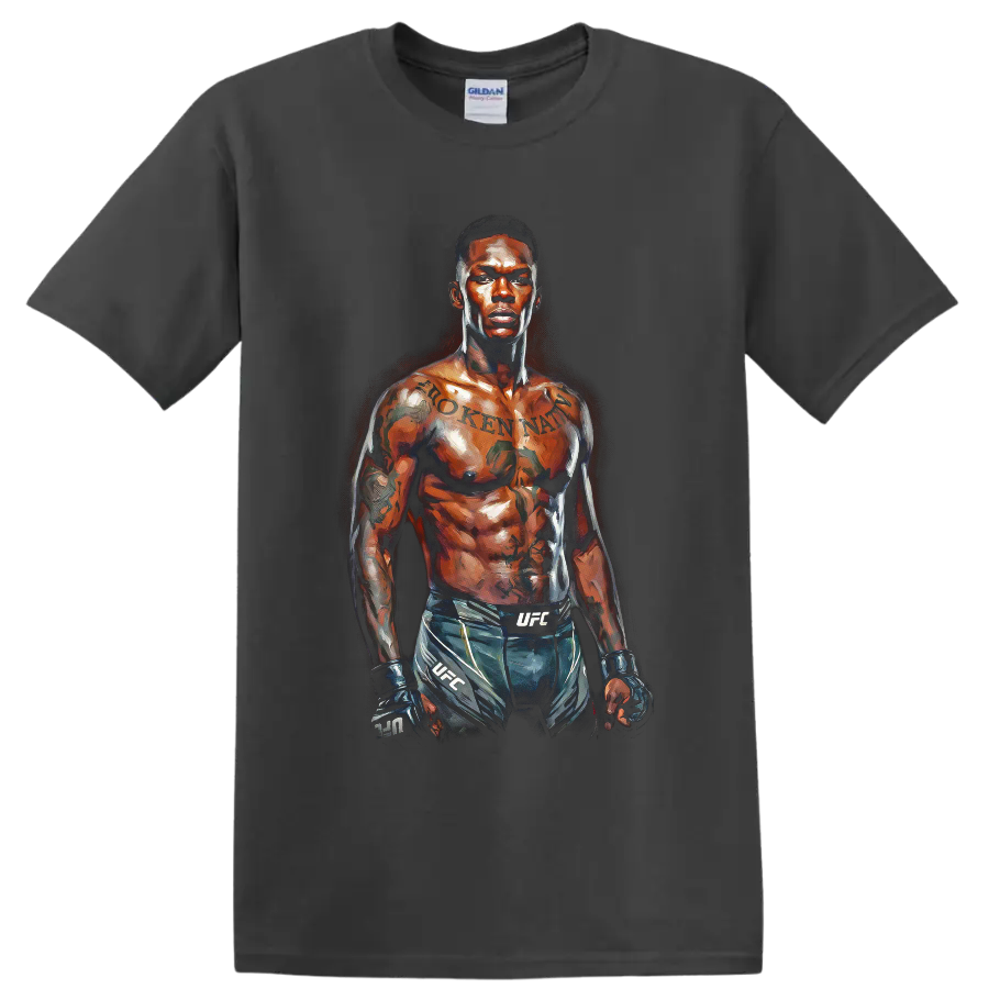 Israel Adesanya painterly MMA fighter portrait wearing gloves and fight shorts on a Charcoal T Shirt