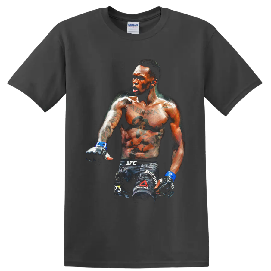 Israel Adesanya MMA fighter portrait in dramatic painterly fight-art style on a Charcoal T Shirt