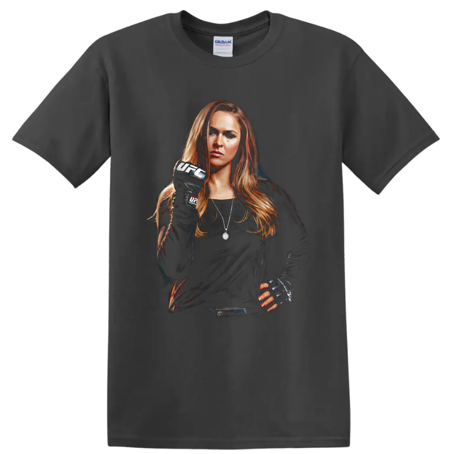 Ronda Rousey MMA fighter portrait in UFC gloves with a raised fist on a Charcoal T Shirt