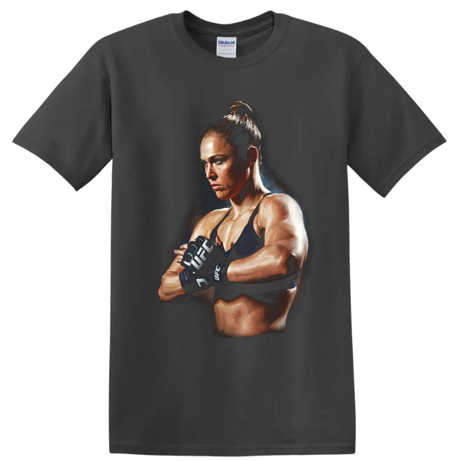 Ronda Rousey MMA fighter in gloves with a dramatic painterly portrait style on a Charcoal T Shirt