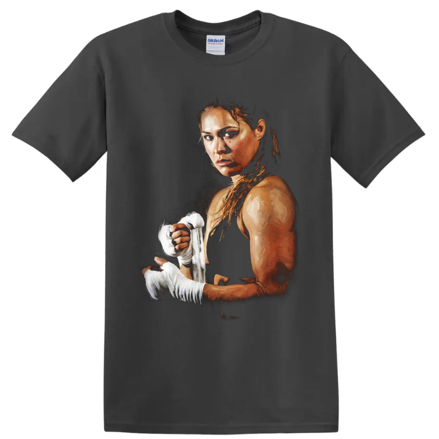 Ronda Rousey MMA fighter portrait with white hand wraps in dramatic painterly art on a Charcoal T Shirt