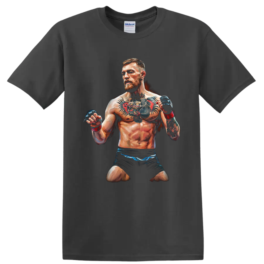 Painted Conor McGregor MMA fighter portrait with raised gloves and prominent tattoos on a Charcoal T Shirt