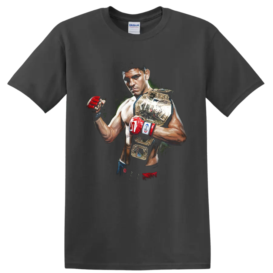 Painted B.J. Penn MMA portrait with red gloves and gold championship belts on a Charcoal T Shirt