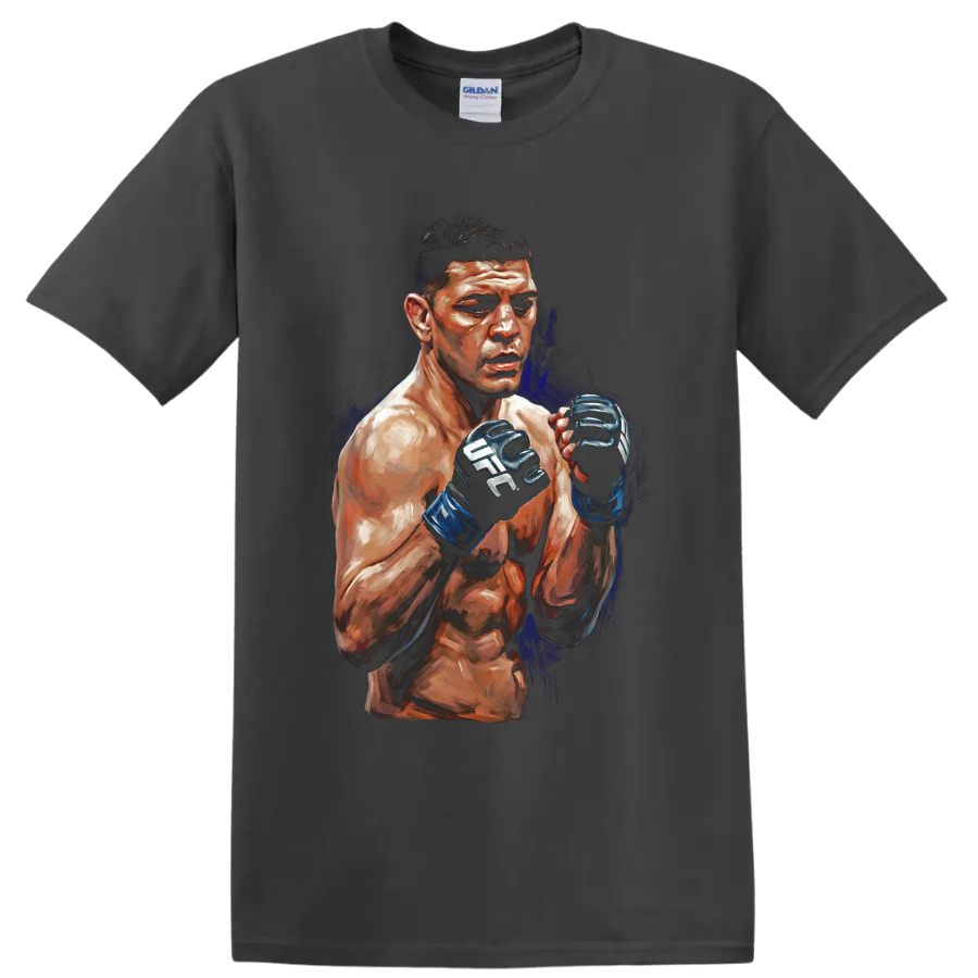 Nate Diaz painted MMA fighter portrait with raised UFC gloves and deep blue accents on a Charcoal T Shirt