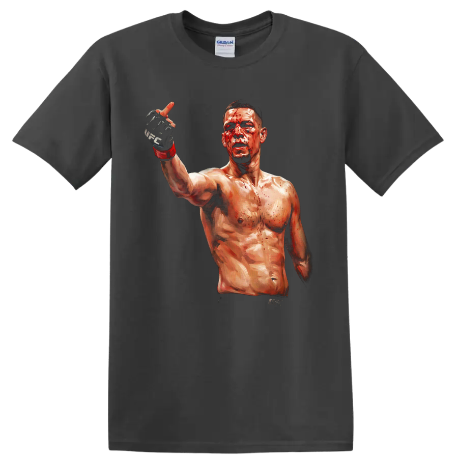 Nate Diaz bloodied MMA fighter portrait with raised gloved hand in painterly style on a Charcoal T Shirt