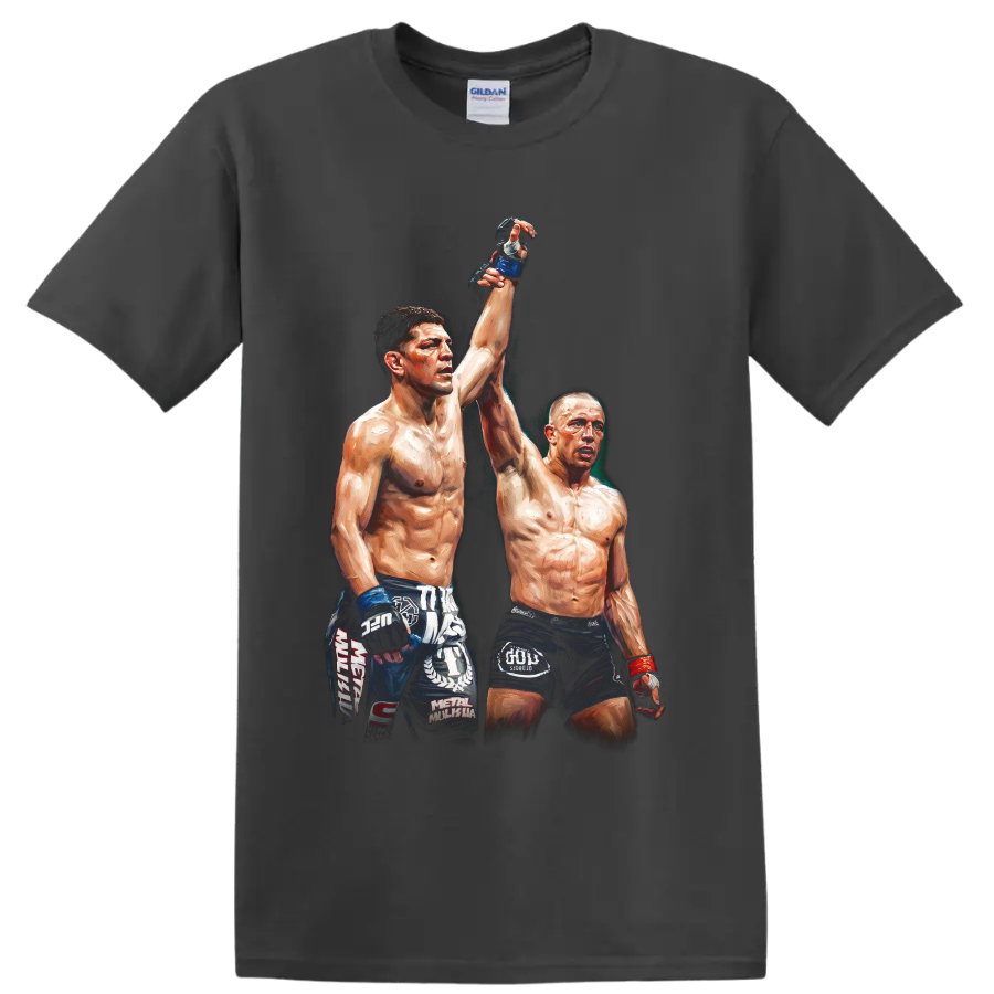Nick Diaz and Georges St-Pierre in a painterly MMA raised-hand graphic on a Charcoal T Shirt