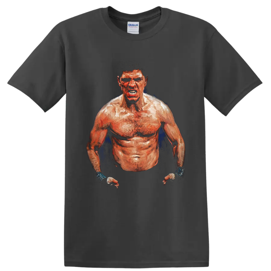 Nick Diaz fierce painted MMA fighter portrait with taped hands and blue accents on a Charcoal T Shirt