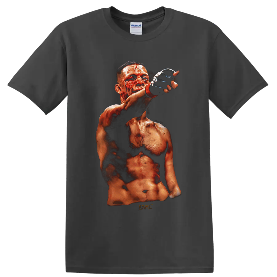 Nate Diaz bloodied MMA fighter portrait with raised black glove in gritty fight-night on a Charcoal T Shirt