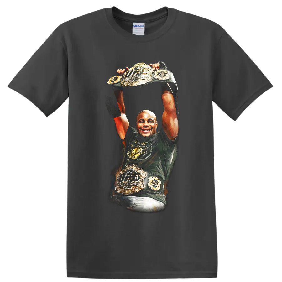 Daniel Cormier illustrated raising UFC championship belts in a triumphant victory pose on a Charcoal T Shirt