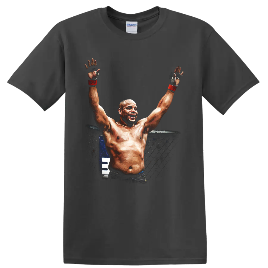 Anderson Silva-style MMA fighter raising gloved hands in a painterly cage victory scene on a Charcoal T Shirt