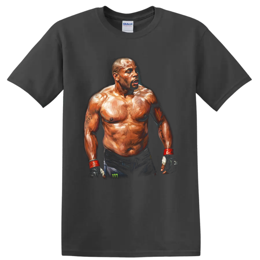 Painted portrait of MMA fighter Quinton Jackson Rampage in gloves and wrist wraps on a Charcoal T Shirt