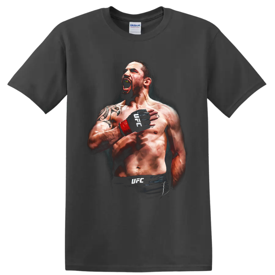 Robert Whittaker The Reaper roaring MMA fighter portrait with red wrist wrap on a Charcoal T Shirt
