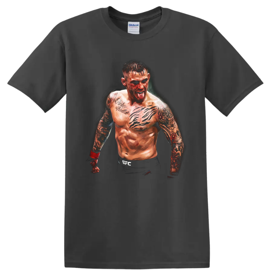 Dustin Poirier tattooed MMA fighter portrait with red hand wraps on a Charcoal T Shirt