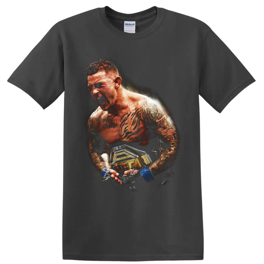 Dustin Poirier roaring MMA fighter portrait with tattoos, blue wraps, and championship on a Charcoal T Shirt