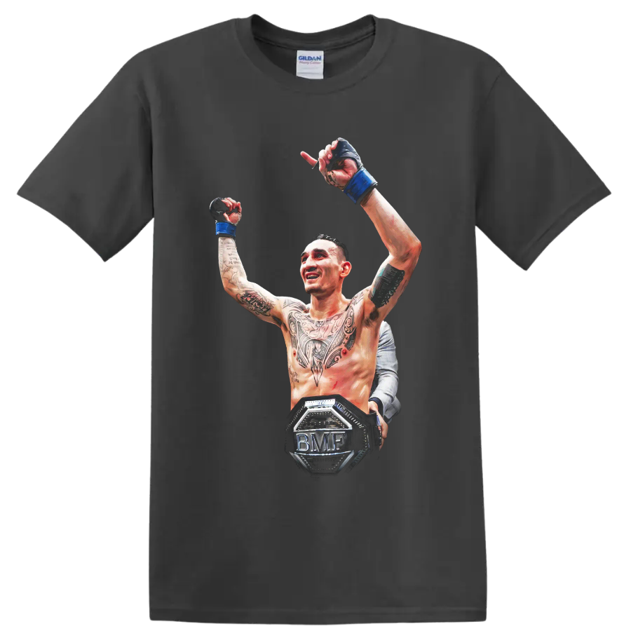 Max Holloway raising gloved hands in detailed MMA victory artwork with BMF belt on a Charcoal T Shirt