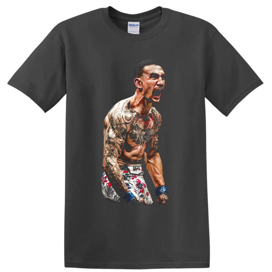 Max Holloway MMA fighter portrait with tattoos, blue wraps, and floral fight shorts on a Charcoal T Shirt