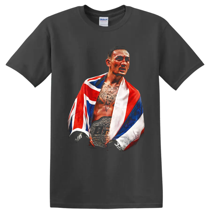 Painted Max Holloway championship belt portrait draped in a Hawaiian flag on a Charcoal T Shirt