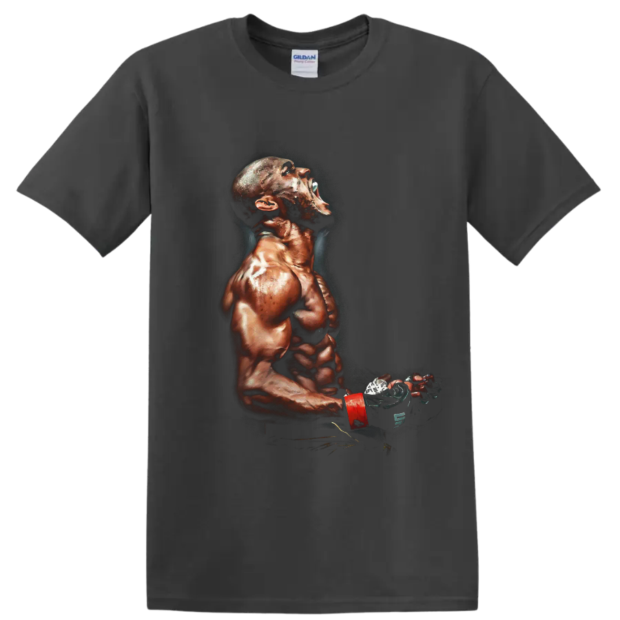 Kamaru Usman painterly MMA fighter portrait with glove and red wrist wrap on a Charcoal T Shirt