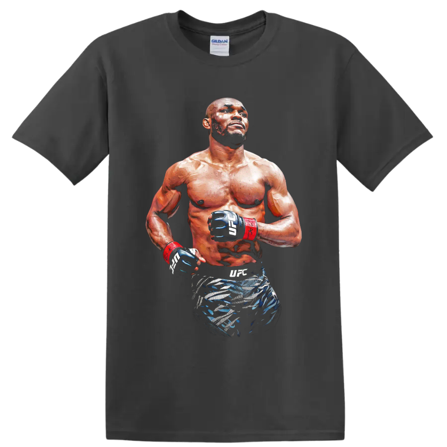 Kamaru Usman painterly MMA fighter portrait wearing UFC gloves and red wrist wraps on a Charcoal T Shirt