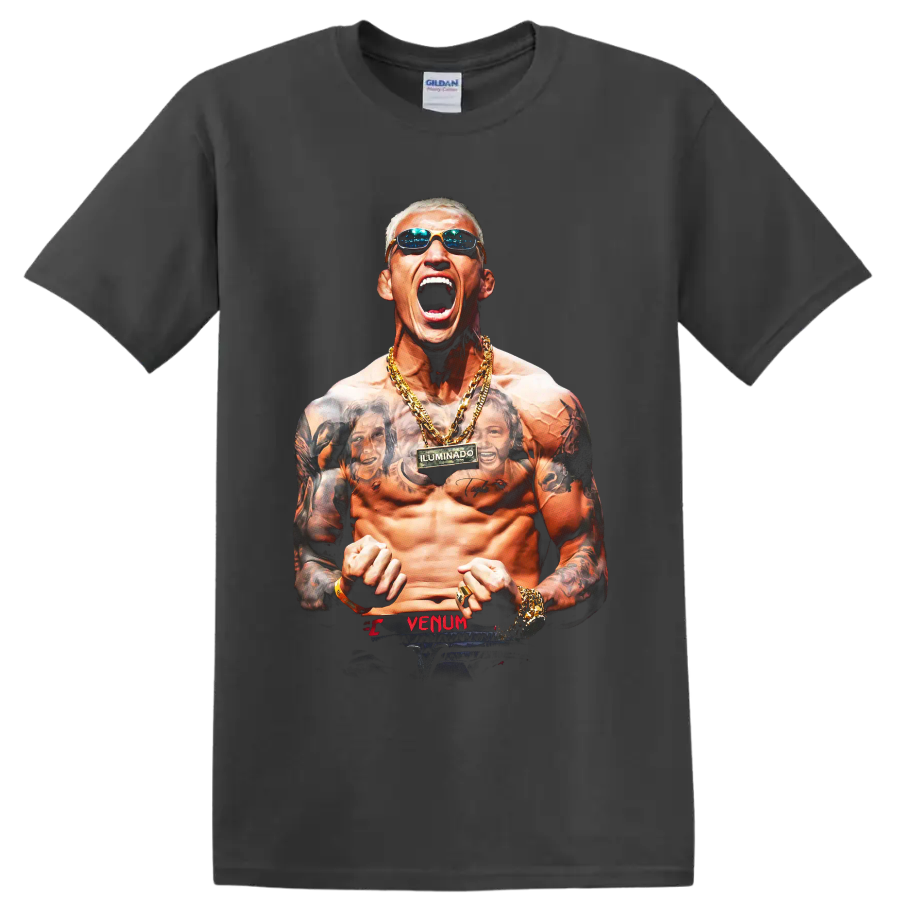 Charles Oliveira roaring tattooed fighter portrait with sunglasses and gold chains on a Charcoal T Shirt