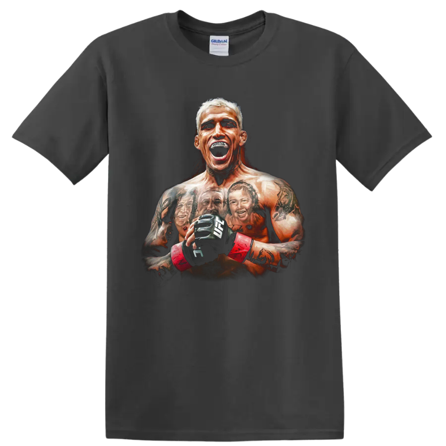 Charles Oliveira roaring MMA fighter portrait with gloves, red wraps, and tattoo artwork on a Charcoal T Shirt