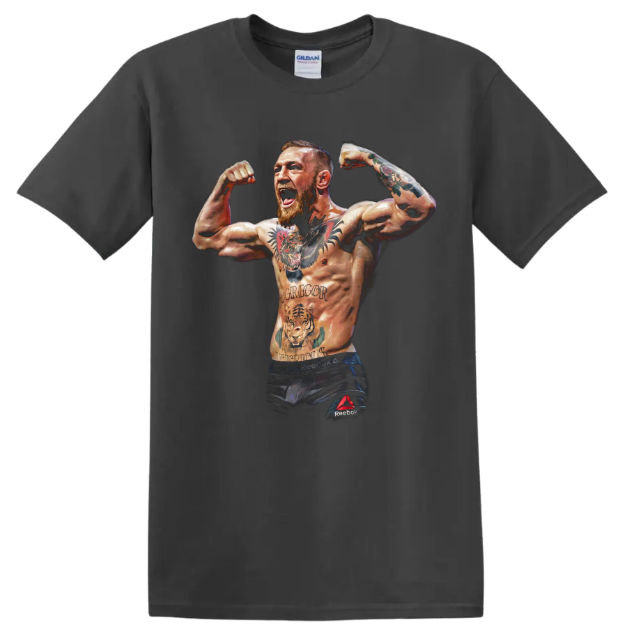 Conor McGregor flexing MMA fighter portrait with tattooed arms in painterly style on a Charcoal T Shirt