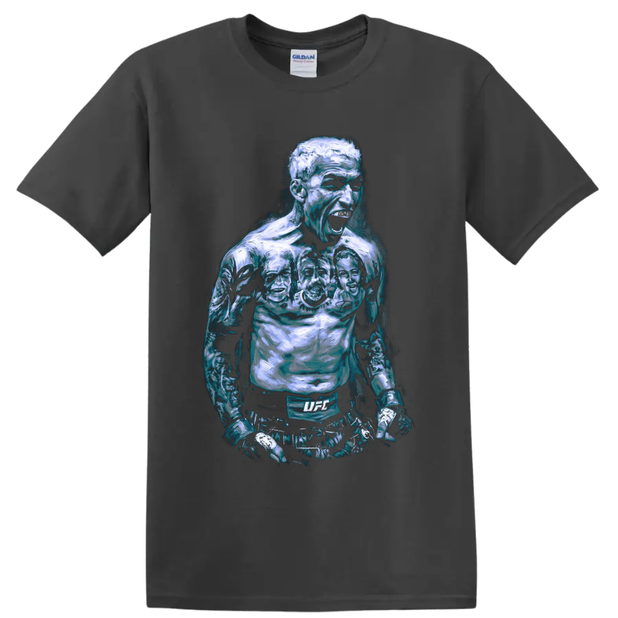 Charles Oliveira roaring MMA fighter portrait in icy blue painterly style on a Charcoal T Shirt