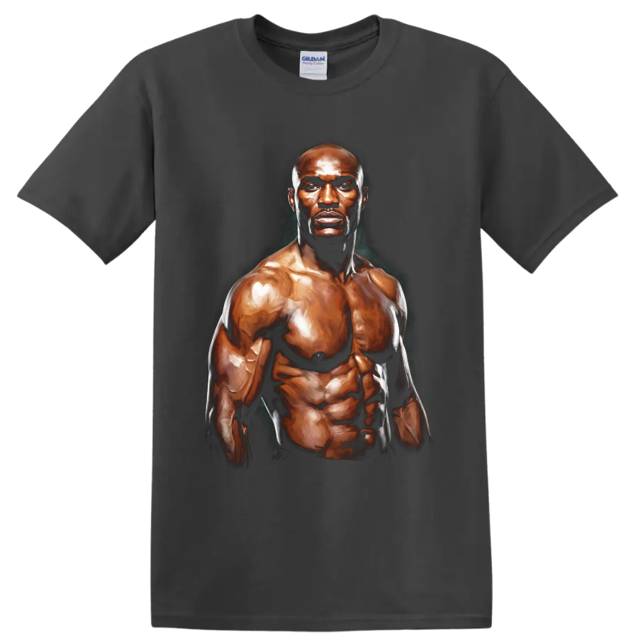 Painterly muscular Terry Crews fighter portrait with dramatic bronze highlights on a Charcoal T Shirt