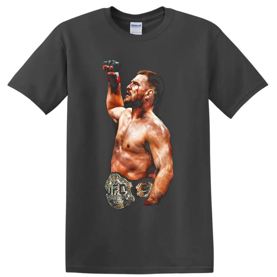 Jan Blachowicz painterly MMA champion portrait with raised glove and gold belt on a Charcoal T Shirt