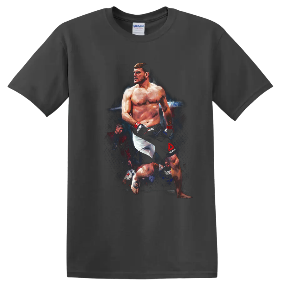 Tony Ferguson El Cucuy painted MMA fighter portrait in a dramatic cage on a Charcoal T Shirt
