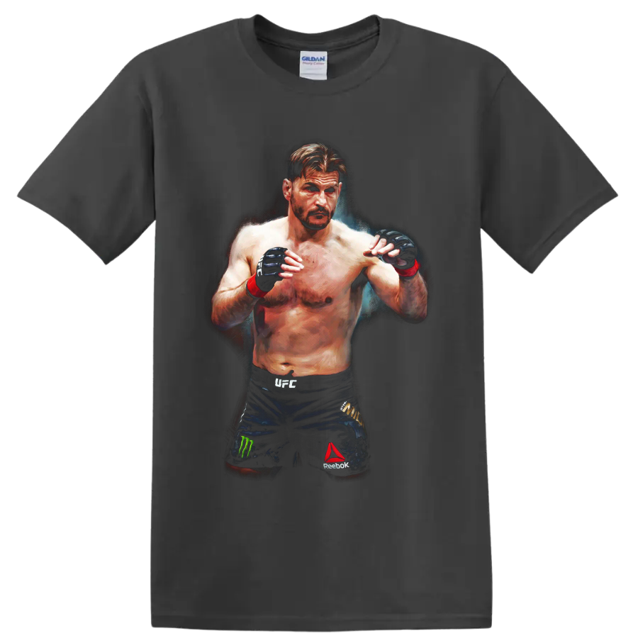 Stipe Miocic MMA fighter portrait in a guarded stance with painterly arena lighting on a Charcoal T Shirt