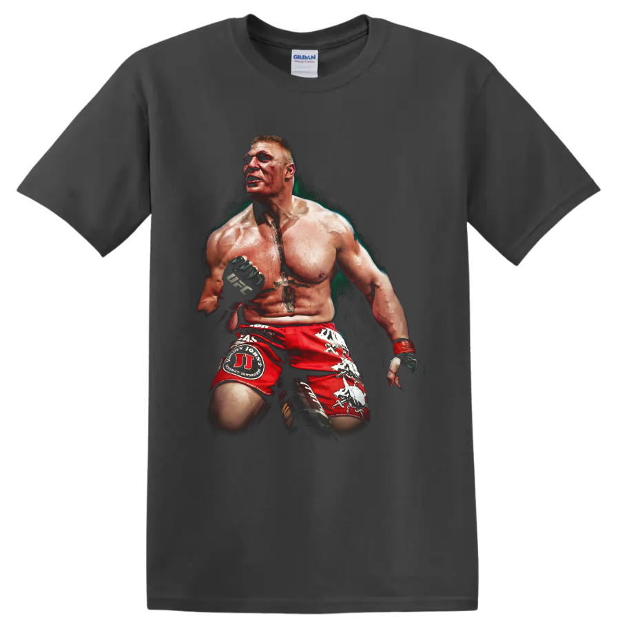 Brock Lesnar MMA portrait in red fight shorts with gloves and dramatic painted shading on a Charcoal T Shirt